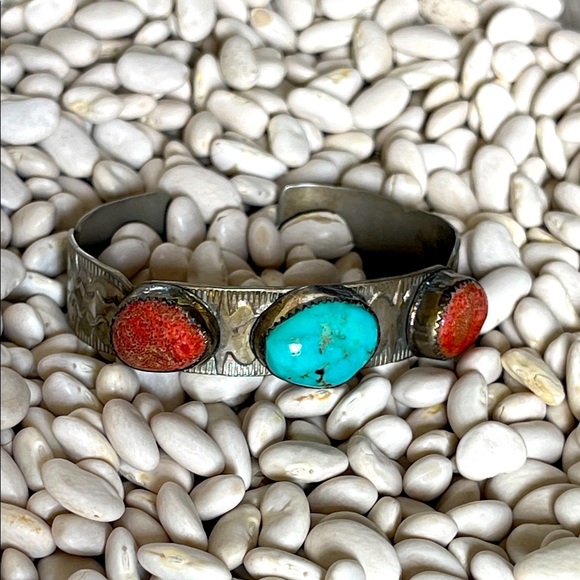 native American Turquoise and Red Stone sterling Silver vintage cuff  Bracelet - Picture 8 of 12